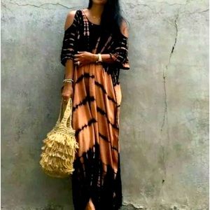 Boho Tie Dye Kaftan cold shoulder Maxi Dress Beach Cover-Up Womens X-LARGE/OS